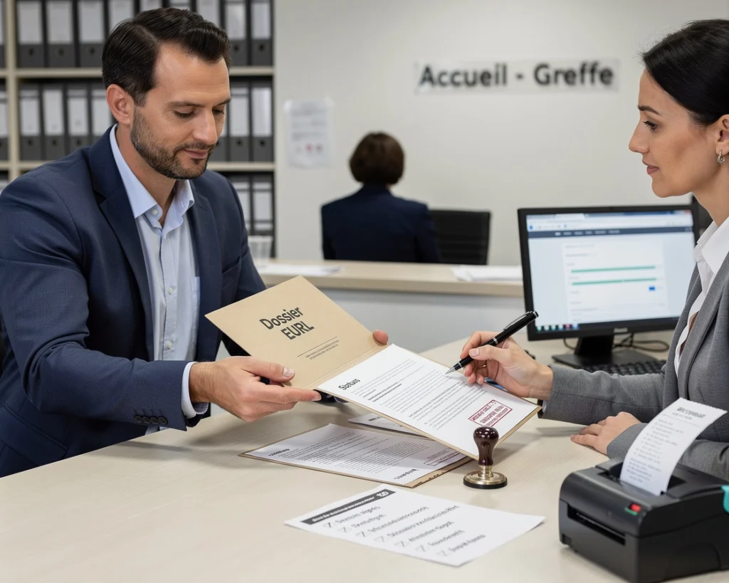 un monsieur dépose son dossier d'EURL auprès du greffe du tribunal de commerce