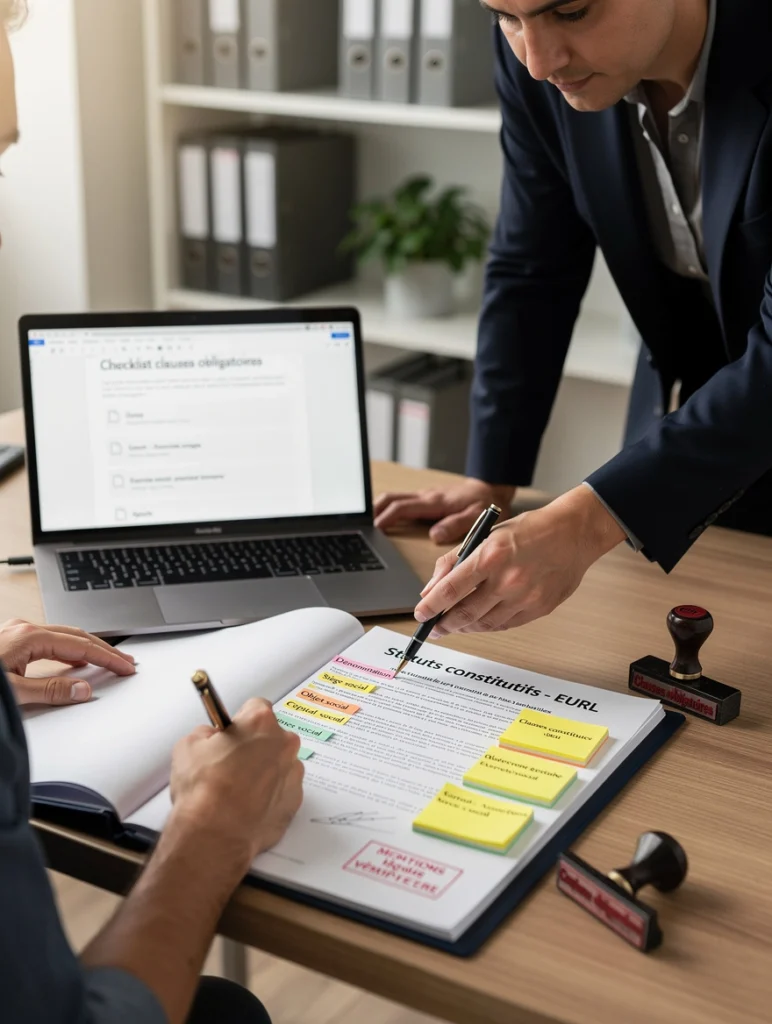deux personnes discutent des statuts constitutifs d'une EURL