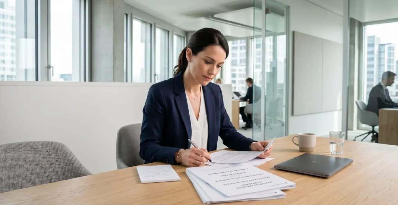 Conseiller bancaire professionnel dans agence contemporaine révisant des documents de création d'entreprise sur bureau moderne avec éclairage naturel