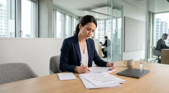 Conseiller bancaire professionnel dans agence contemporaine révisant des documents de création d'entreprise sur bureau moderne avec éclairage naturel