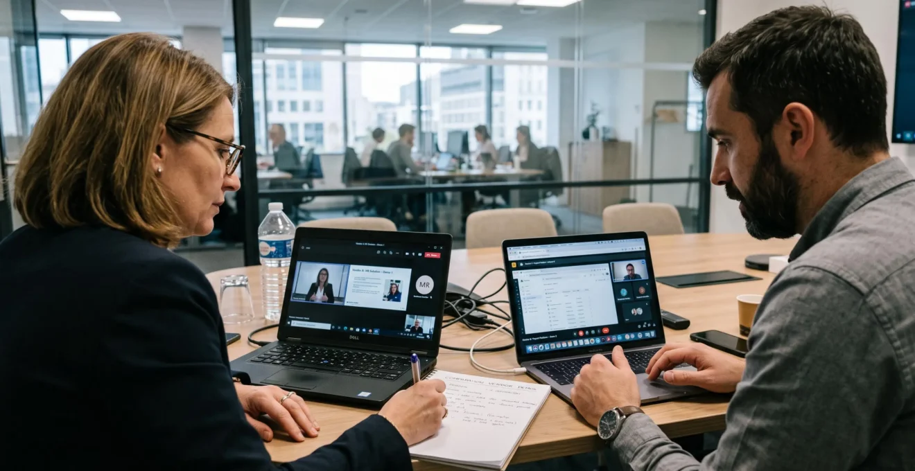 Une directrice RH et un chef de projet informatique comparent côte à côte deux ordinateurs portables présentant des démonstrations d'éditeurs, en prenant des notes.