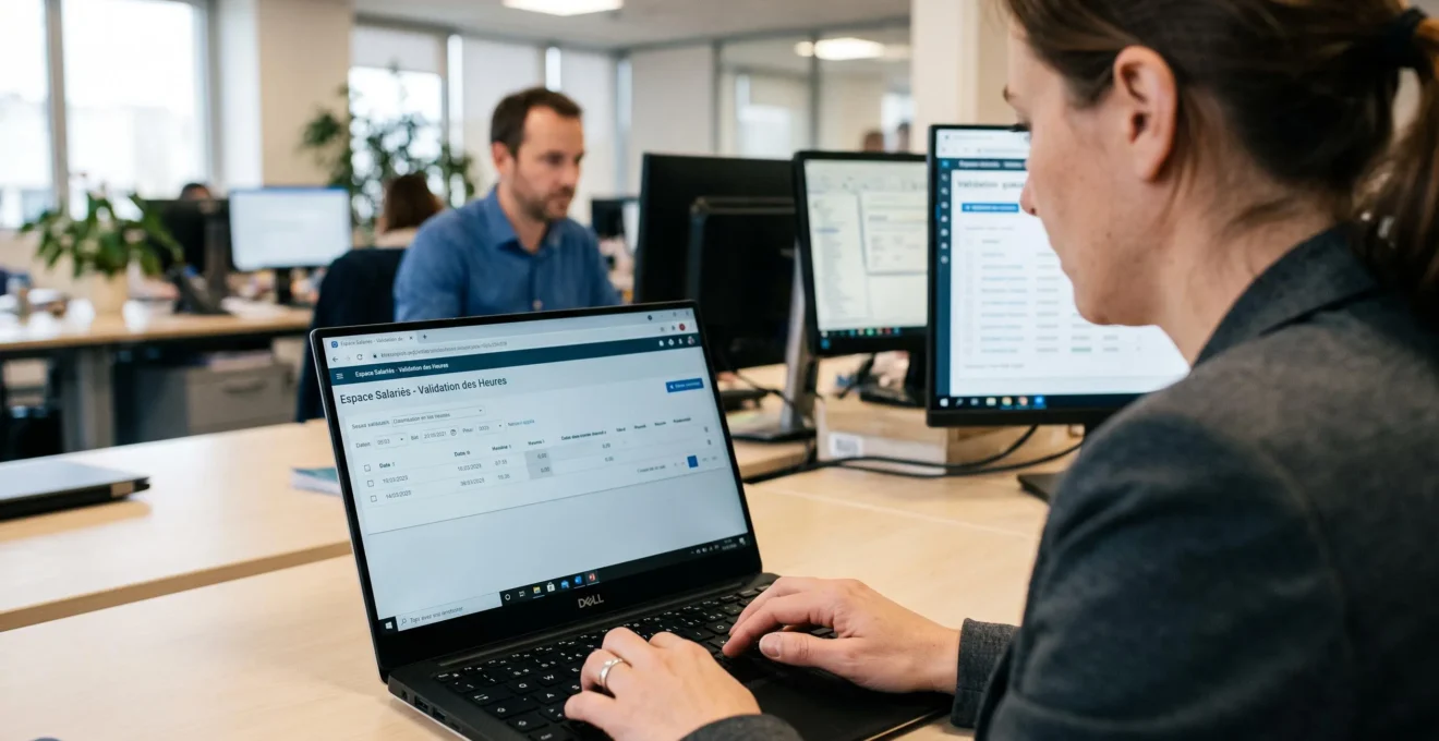 Gros plan sur les mains d'un manager saisissant des données de temps de travail sur un ordinateur portable, avec une collaboratrice RH contrôlant des validations en arrière-plan.