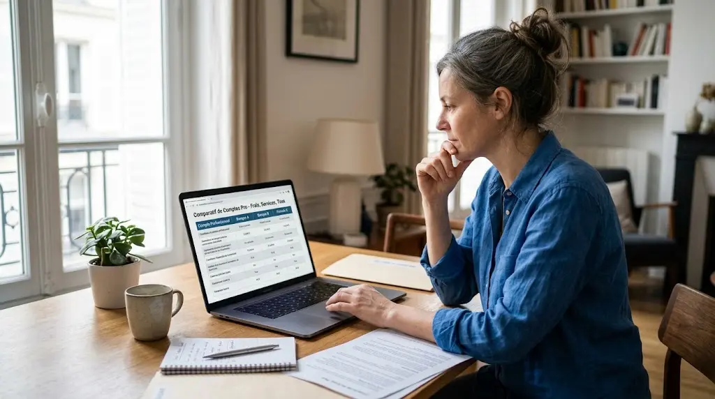 Une travailleuse indépendante compare des conditions de compte professionnel sur son ordinateur portable.