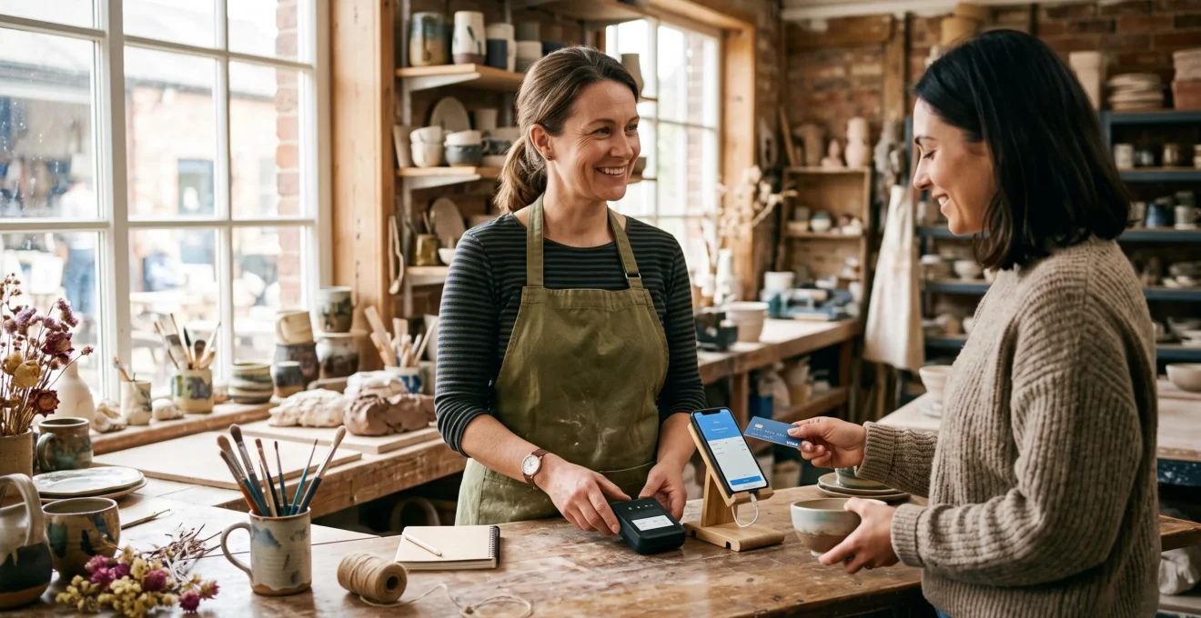 Un entrepreneur encaisse un client avec un terminal de paiement mobile dans son atelier.