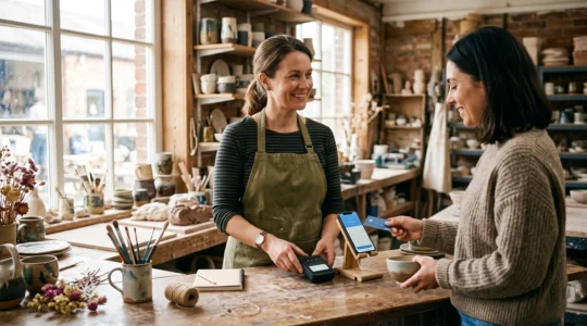Un entrepreneur encaisse un client avec un terminal de paiement mobile dans son atelier.