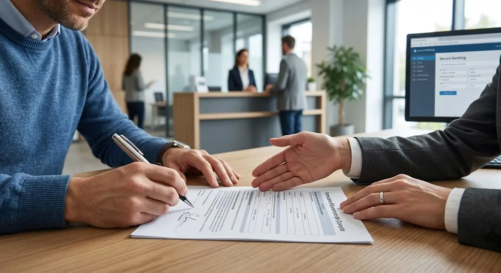 Des mains signent un formulaire d'ouverture de compte dans une agence bancaire.